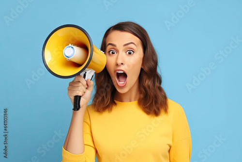 Wow face of young pretty woman wears blue shirt hold scream in megaphone announces discounts sale Hurry up isolated on plain yellow background. Generative Ai