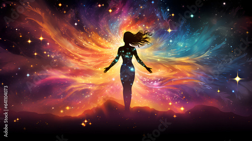 A silhouetted female stands against a dreamy starry sky her hair blows in the wind
