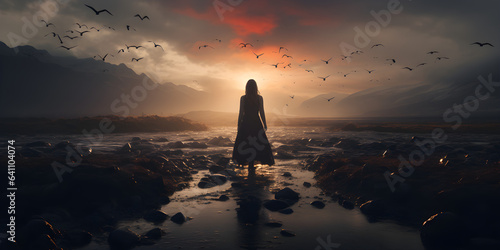 woman on rocky beach shore, cinematic photography photo