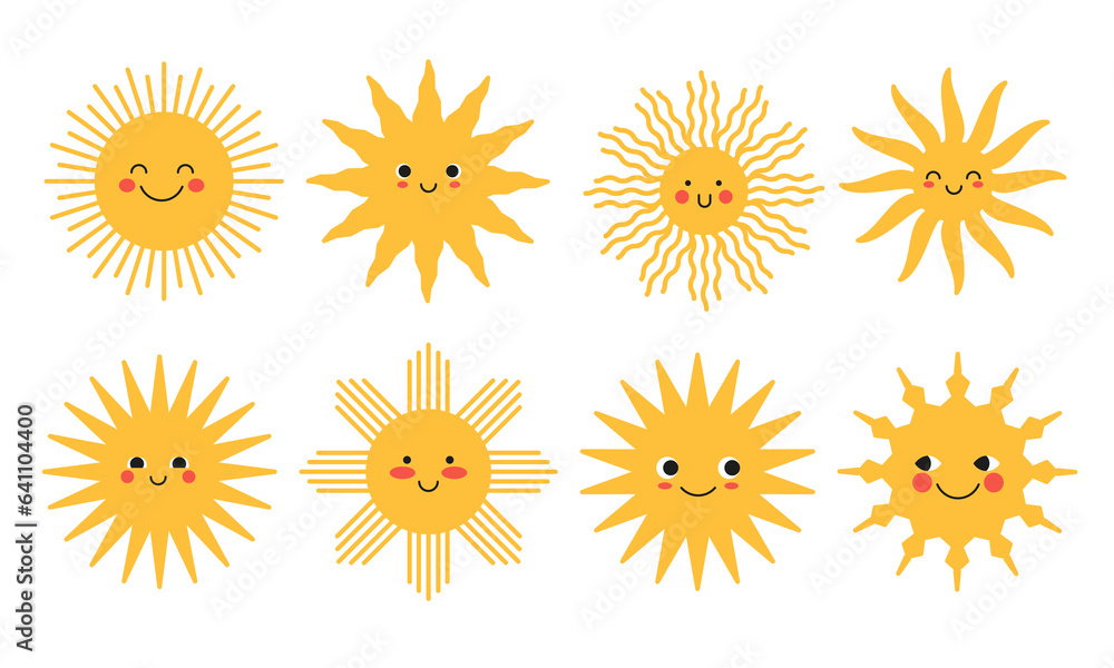 Cute yellow sun collection. Set of summer happy emoticons. Funny sunny icon Cute yellow sun collection. Set of summer happy emoticons. Funny sunny icon