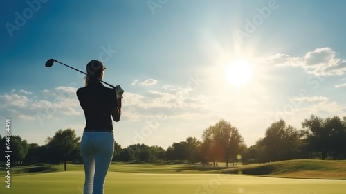 Professional female golfer taking shot at golf course on sunny day.