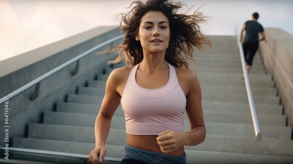 Women is jogging outdoors, Running on stairs.