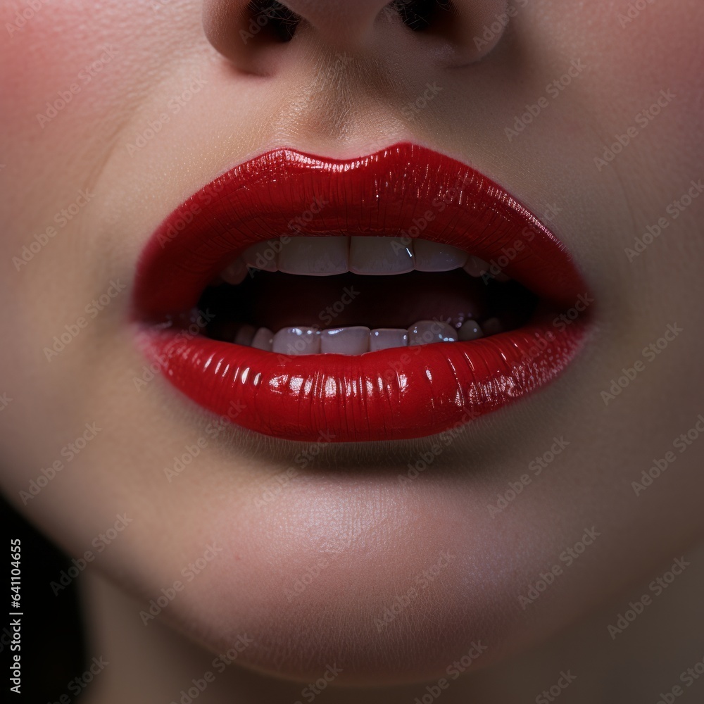 Obraz premium Close up view of beautiful woman lips with red lipstick. Fashion make up. Cosmetology, drugstore or fashion makeup concept. Studio shot