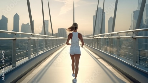 Rear view, Women in sports runs along a large city bridge.