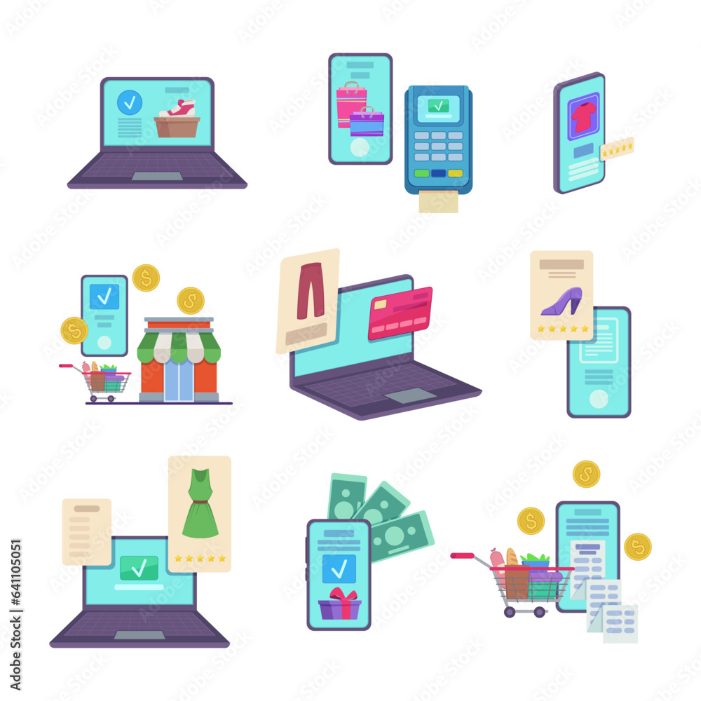 Online business on different devices vector illustrations set. Mobile shopping app on smartphones and laptops, payment with credit card or terminal, money and shop icons. Internet commerce concept Online business on different devices vector illustrations set. Mobile shopping app on smartphones and laptops, payment with credit card or terminal, money and shop icons. Internet commerce concept