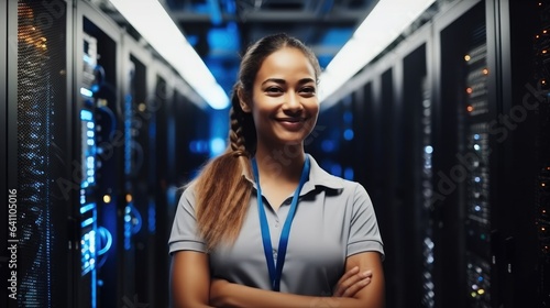 Portrait of woman in server room, IT support, Female technician fixing network for information technology solution.