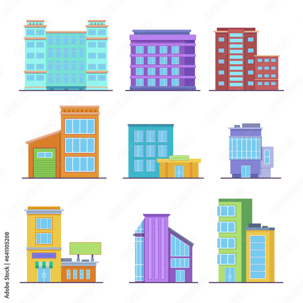 Colorful office buildings in city vector illustrations set. Modern apartment houses, government buildings, skyscrapers and shopping malls from business district. Architecture, cityscape concept