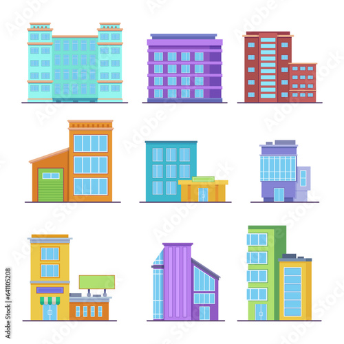 Colorful office buildings in city vector illustrations set. Modern apartment houses, government buildings, skyscrapers and shopping malls from business district. Architecture, cityscape concept