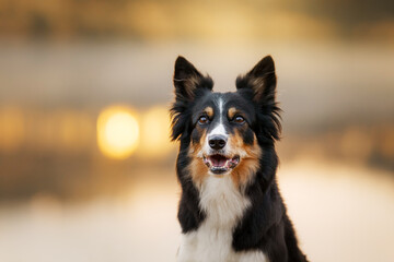portrait of a dog against a background of bokeh. tricolor border collie in nature