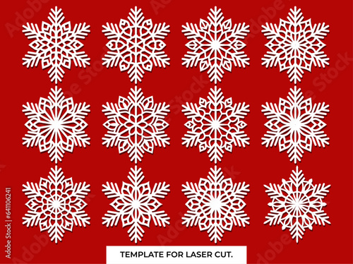 Christmas coaster snowflake with Lotus Mandala Vector Template Set for Cutting and Printing. Oriental silhouette ornament. Vector coaster design	