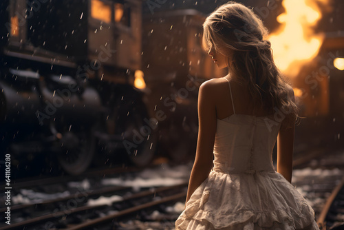 portrait of a woman in train yard, cinematic photography