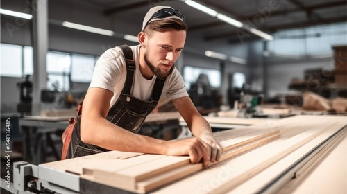 Male carpenter doing woodwork in carpentry factory. © visoot