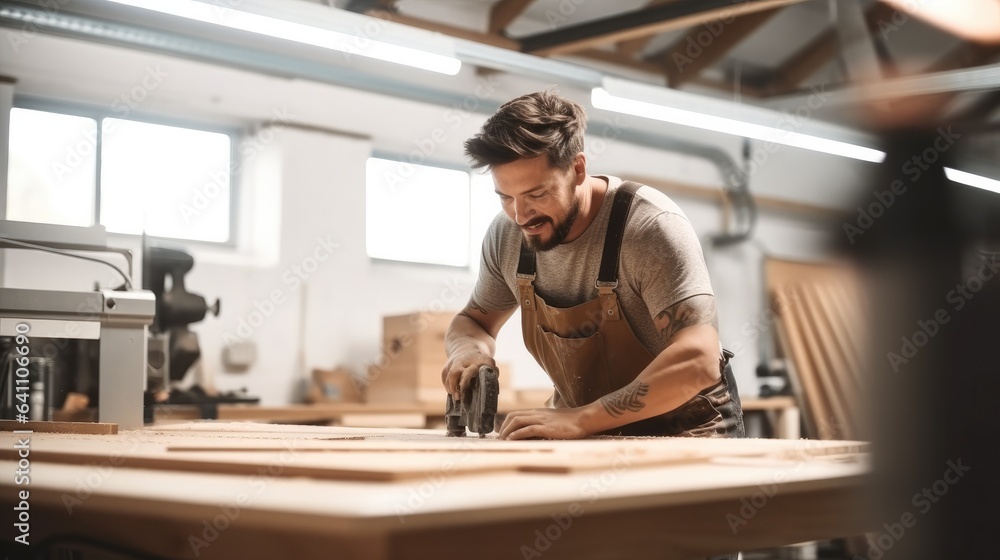 Male carpenter doing woodwork in carpentry factory. - obrazy, fototapety, plakaty 