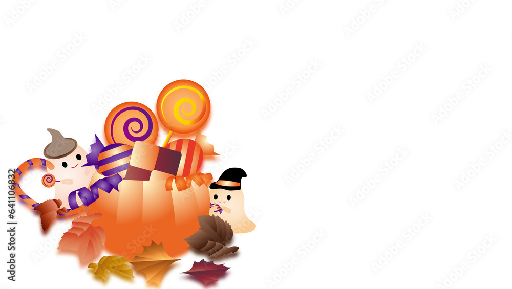 Fototapeta premium ハロウィンのお菓子にお化けとカボチャの飾りの背景素材