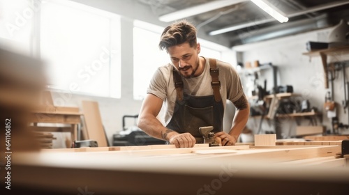 Male carpenter using sander on a piece of wood in a carpentry workshop.
