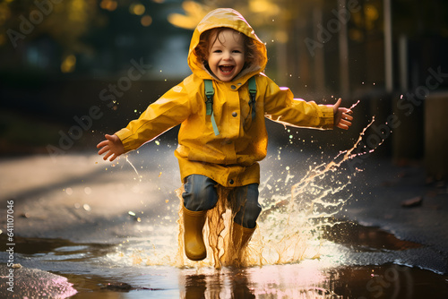 happy child jumping in puddle