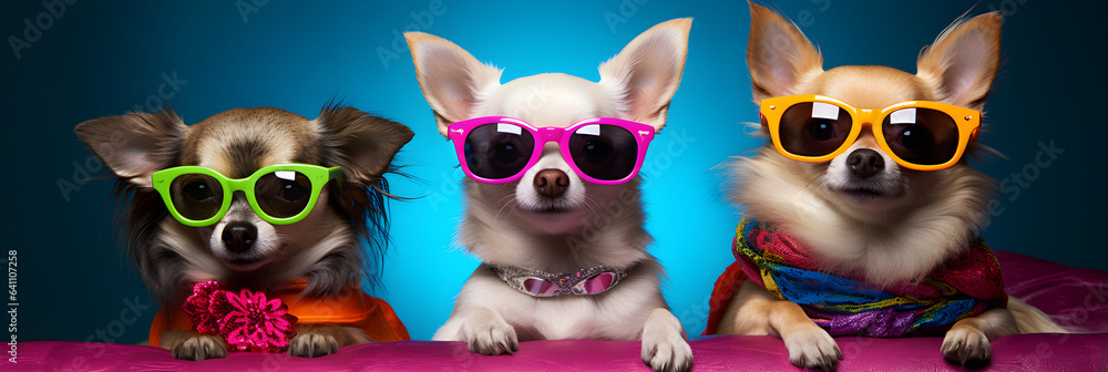 funny studio shot of 3 chihuahua dogs wearing colourful sunglasses funny studio shot of 3 chihuahua dogs wearing colourful sunglasses