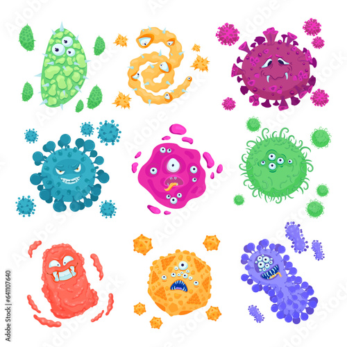 Funny viruses and bacteria vector illustrations set. Cartoon drawings of disease germs or microbe characters of different color and shape. Medicine, microbiology, health care concept