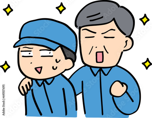 作業着のやる気のあるおじさんと困っている若い男性(上半身)