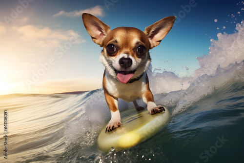 chihuahua dog wearing on a surfboard surfing an ocean wave © sam