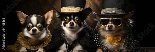 funny studio shot of 3 chihuahua dogs