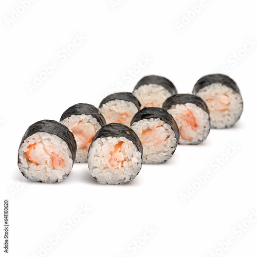 Maki shrimp sushi on black background. sushi menu, food for delivery. © izikmd