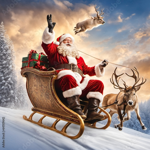 Santa Claus on a sleigh, led by reindeer, delivers gifts on a magical Christmas Eve journey, spreading holiday cheer