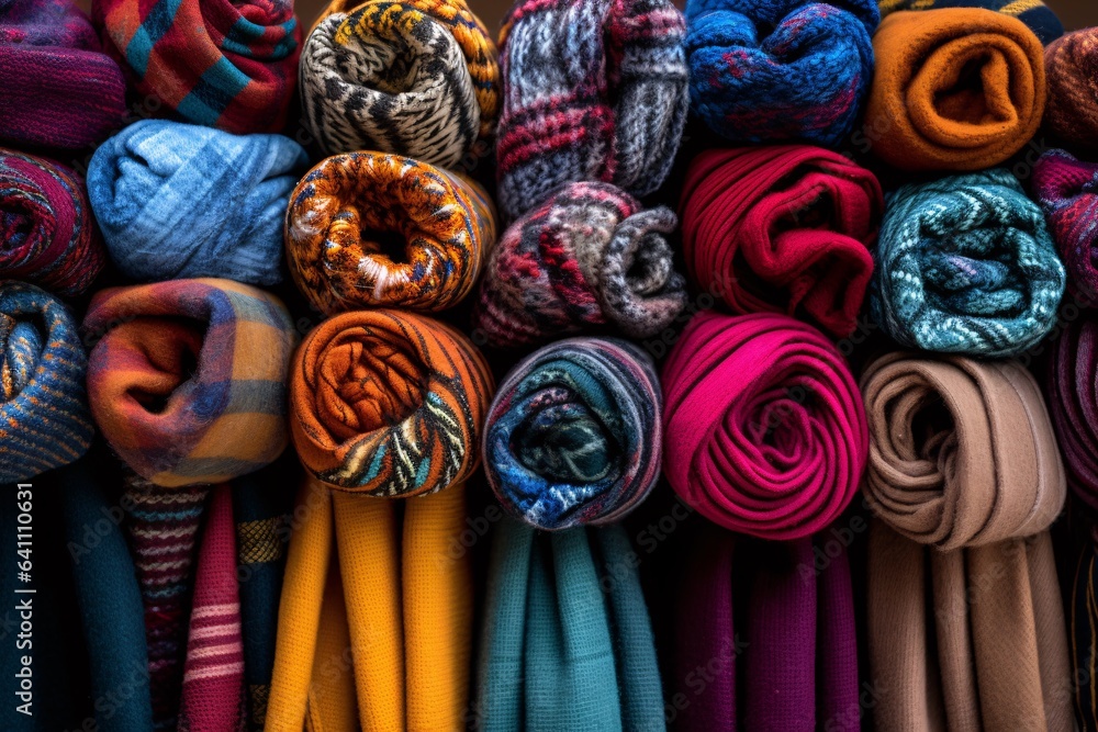 A display of assorted cosy woolen scarves, arranged in cascading fashion. Their vibrant colors and intricate patterns stand out, telling stories of their origin