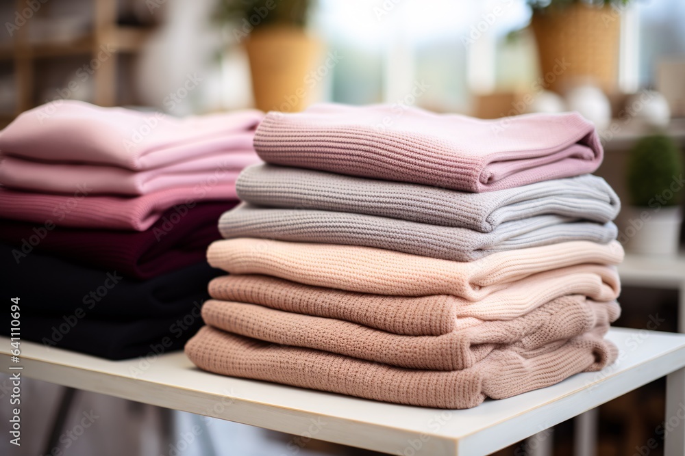 A selection of cashmere sweaters is displayed, with their soft hues and luxurious textures inviting touch A selection of cashmere sweaters is displayed, with their soft hues and luxurious textures inviting touch