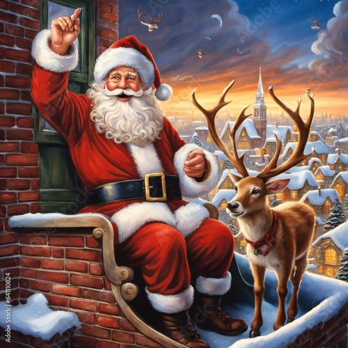 Santa Claus on a sleigh, led by reindeer, delivers gifts on a magical Christmas Eve journey, spreading holiday cheer