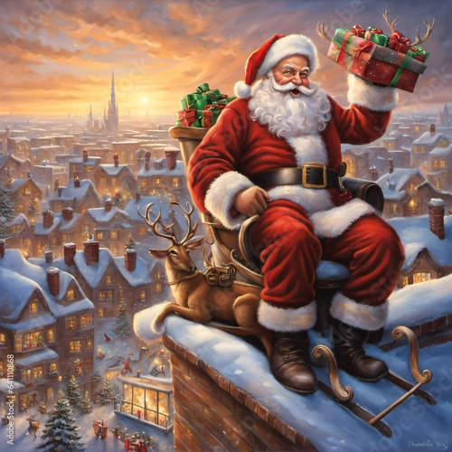 Santa Claus on a sleigh, led by reindeer, delivers gifts on a magical Christmas Eve journey, spreading holiday cheer