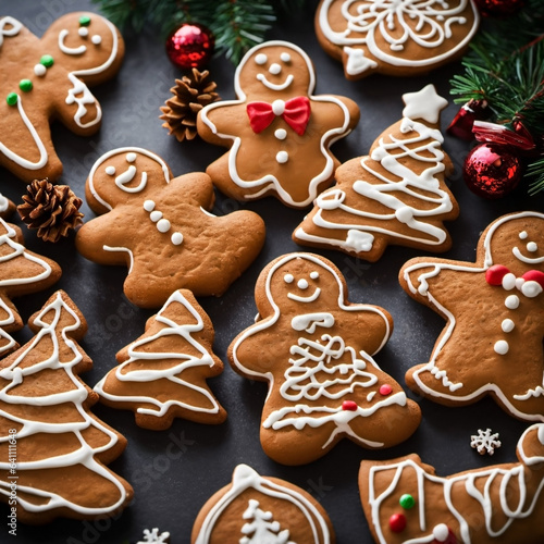 A delightful array of homemade gingerbread cookies, adorned with intricate icing, adds sweet magic to the festive holiday season
