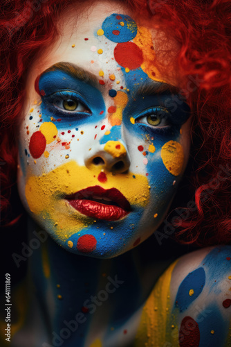 eine Frau mit bemalten Gesichtern und Clown-Make-up, mit intensiver Textur, von der Fantasie inspiriert, a woman with painted faces and clown makeup, with intense texture, inspired by fantasy, 