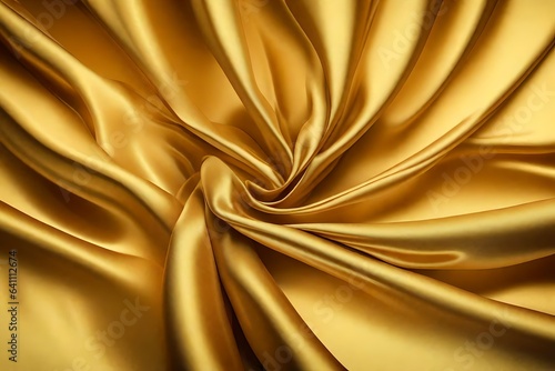 Closeup of rippled golden color satin fabric cloth texture background