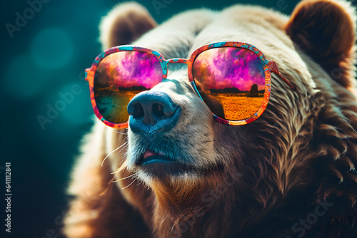 grizzly bear wearing colourful sunglasses © sam