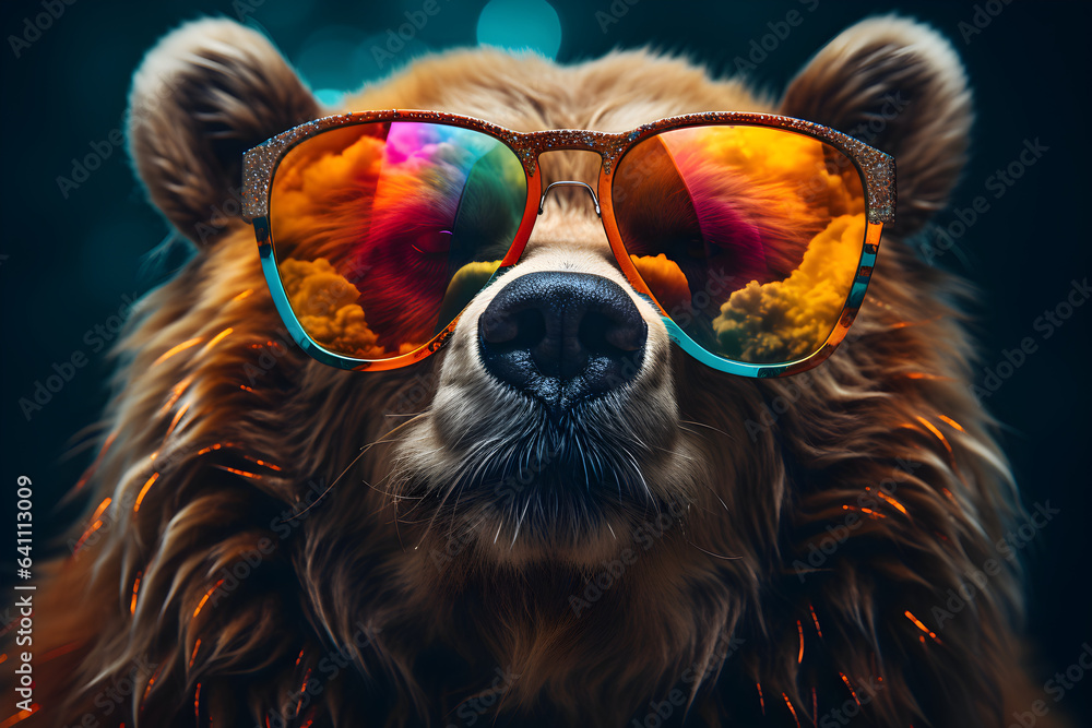 grizzly bear wearing colourful sunglasses