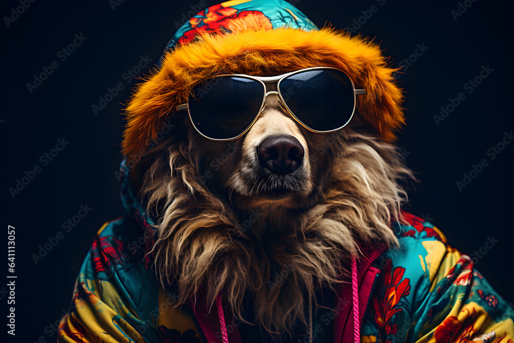 grizzly bear wearing colourful jacket and sunglasses
