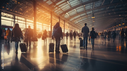 Blurred people carrying luggage in airports or transporting car, train. travel concept