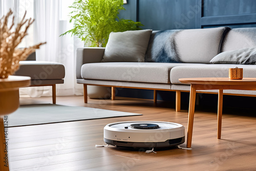 Modern robot vacuum cleaner working in room at home , Created with Generative Ai Technology