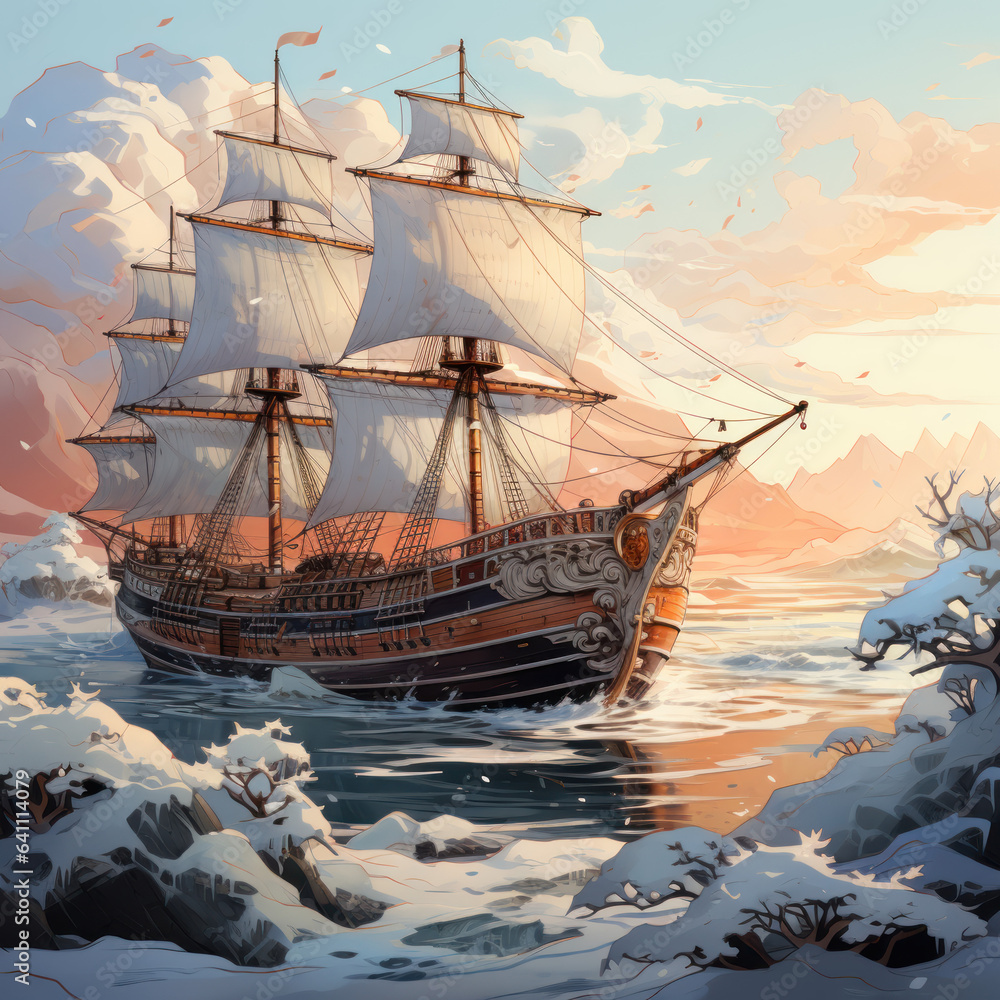 Frigate sailing on the sea under the snow cold 
