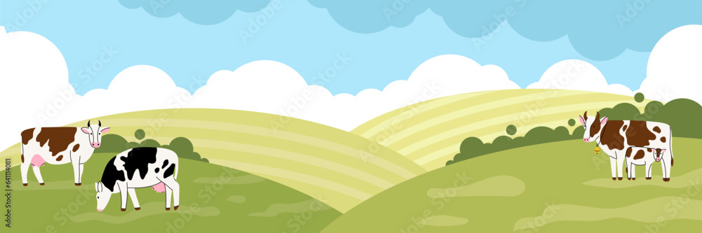Rural landscape. Cows grazing in pasture, farm animals eating grass. Country summer field, countryside ranch. Hand drawn funny contemporary drawing. Standing mammal. Cartoon flat illustration