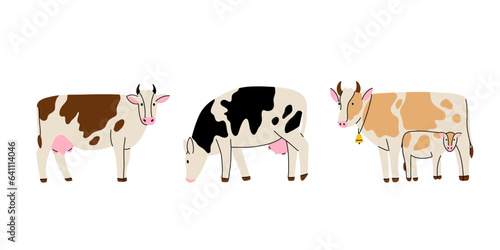 Farm animal. Cows different breeds. Cute cow with calf. Hand drawn funny contemporary drawing livestock, milk and meat, standing mammal, cartoon flat isolated vector illustration