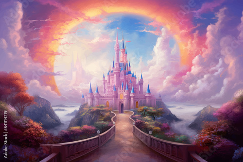 Princess Castle. Magic Pink Castle in the clouds. Fantasy world. Fairytale landscape. Cartoon Castle in the blue sky. Pink clouds. Flowers. Kingdom. Magic tower. Fairy city. Illustration for children photo