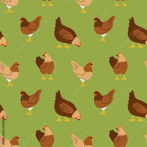 Hen pattern. Cute farm birds on green background. Hand drawn funny contemporary drawing. Decor textile, wrapping paper, wallpaper design. Print for fabric, cartoon flat isolated vector illustration