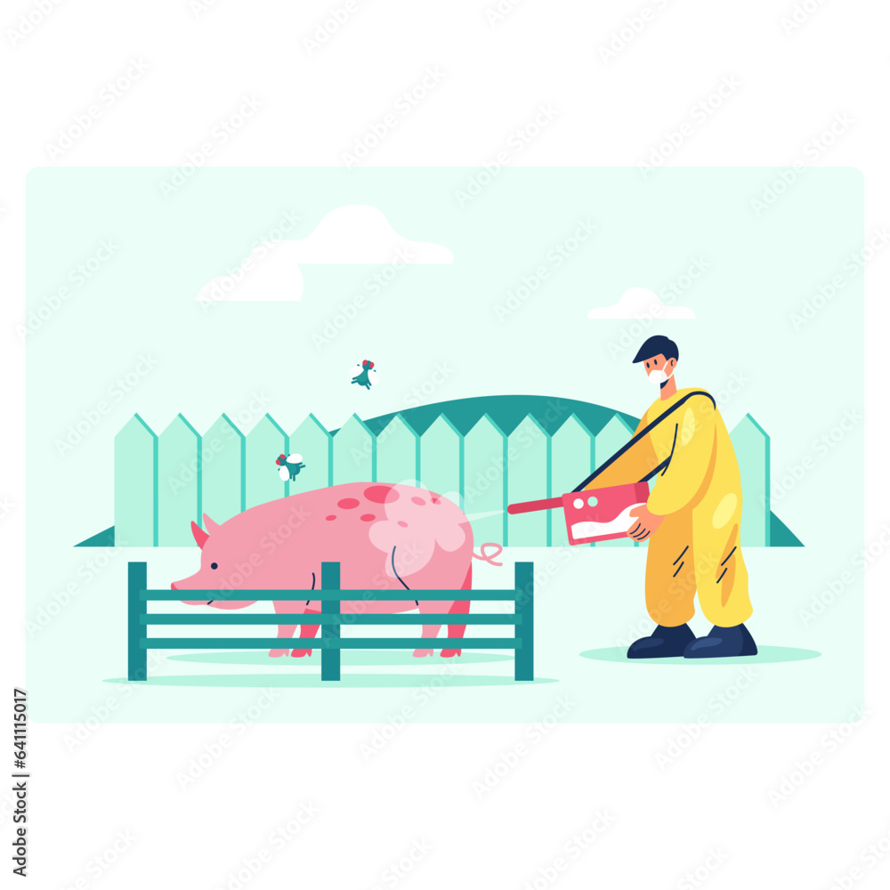 Naklejka premium Male in yellow uniform and respirator holding instrument and performing animal disinfection. Clean pig outside concept. Flat vector illustration in yellow and green colors in cartoon style
