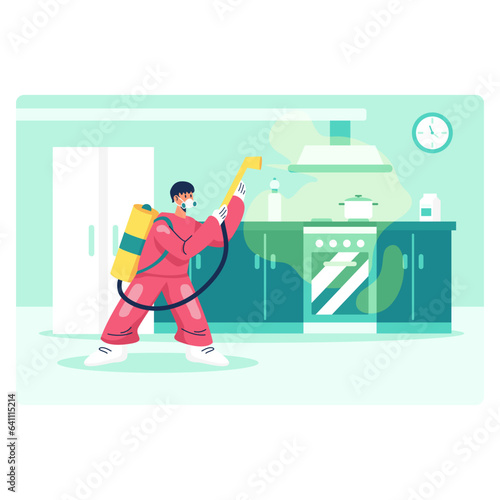 Young worker with sprayer disinfects kitchen with antimicrobial agents. Disinfection, cleaning and prevention concept. Flat vector illustration in cartoon style in green colors