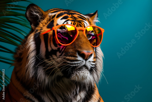 tiger wearing colourful sunglasses