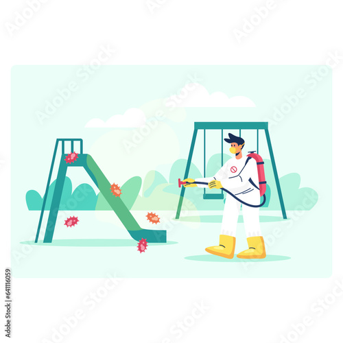 Young male in protective form holding sprayer and performing disinfection from different viruses and bacteria on playground. Disinfection concept. Flat vector illustration