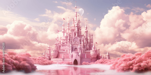 Princess Castle. Magic Pink Castle in the clouds. Fantasy world. Fairytale landscape. Cartoon Castle in the blue sky. Pink clouds. Flowers. Kingdom. Magic tower. Fairy city. Illustration for children © Zakhariya