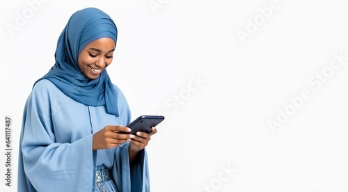 Muslim African woman wearing a hijab checking her smartphone or are swiping her phone. Isolated on white background with copy space.